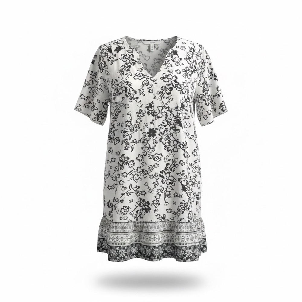 Melloday Anthropologie Womens Floral VNeck Babydoll Mini Dress Ivory Black Large